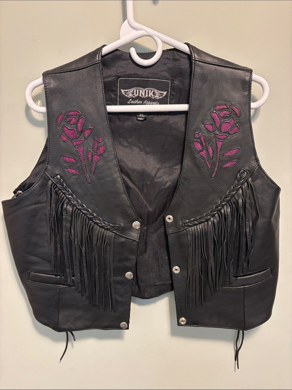 UNIK Black Leather Vest with Magenta Rose Appliqués and Fringe